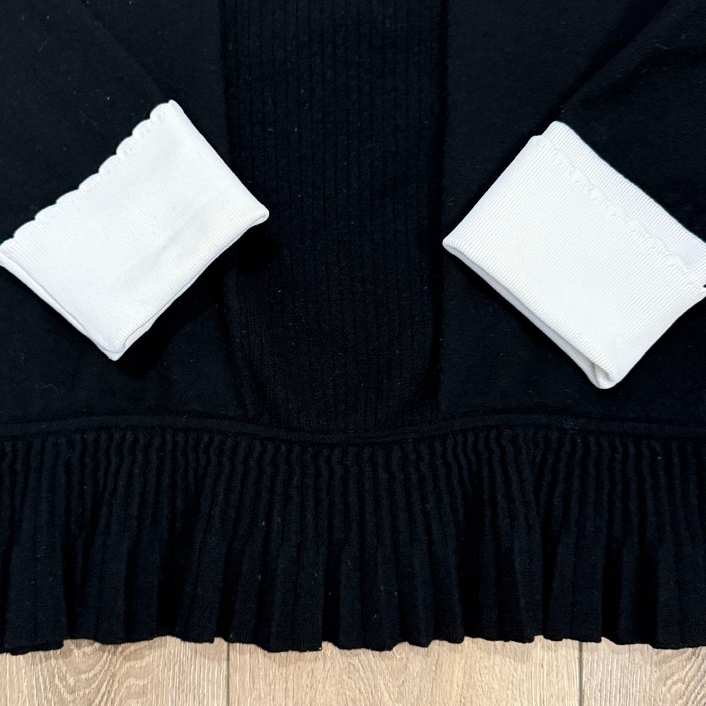 Tory Burch Black Peplum Ribbed Front Sweater w/ White Contrast Collar & Cuffs L - Picture 3 of 9